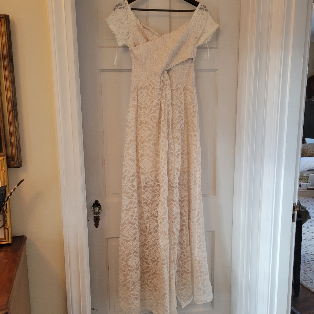 Cream Lace Off-Shoulder Maxi Dress